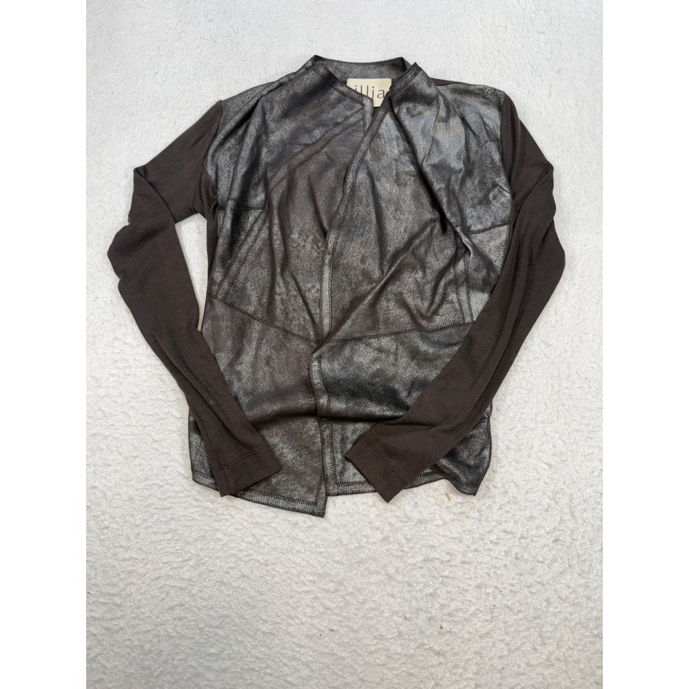 Illia Brown Leather Ribbed Knit Wrap Jacket Metallic Open Front Size 6 USA Made